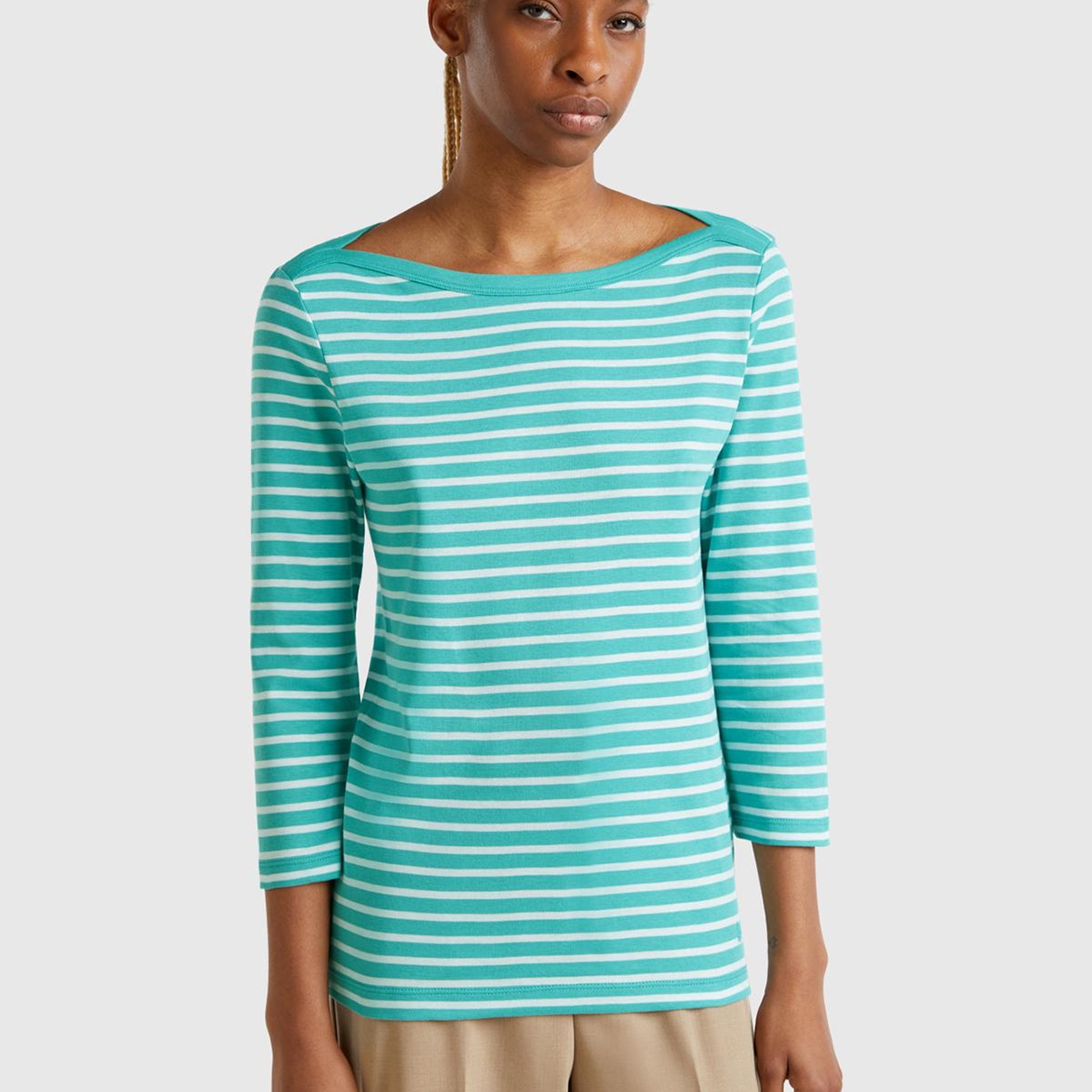 Kadın Mavi %100 Pamuk Çizgili Logolu Kayık Yaka Truvakar Kol T-Shirt