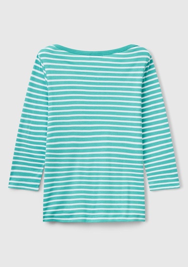  Kadın Mavi %100 Pamuk Çizgili Logolu Kayık Yaka Truvakar Kol T-Shirt