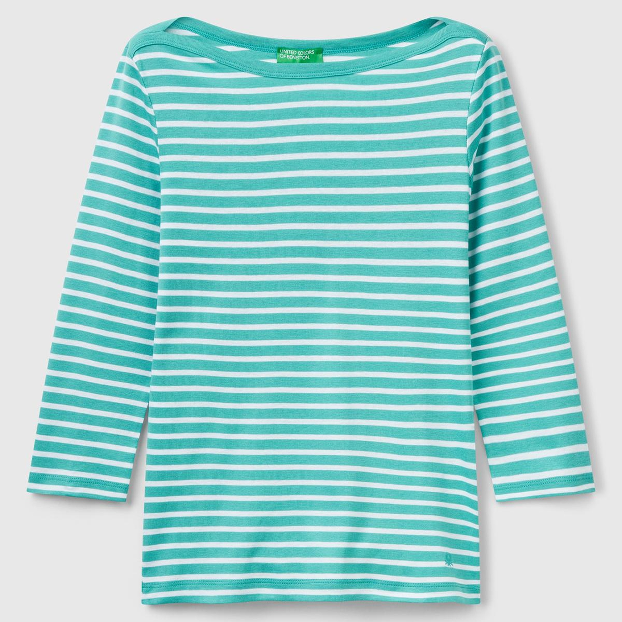 Kadın Mavi %100 Pamuk Çizgili Logolu Kayık Yaka Truvakar Kol T-Shirt