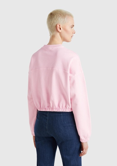  Kadın Pembe %100 Pamuk Logo Baskılı Düşük Omuzlu Relax Fit Sweatshirt