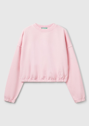  Kadın Pembe %100 Pamuk Logo Baskılı Düşük Omuzlu Relax Fit Sweatshirt