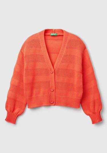  Kadın Turuncu %100 Pamuk Şerit Efektli Düşük Omuzlu Örme Relax Fit Hırka