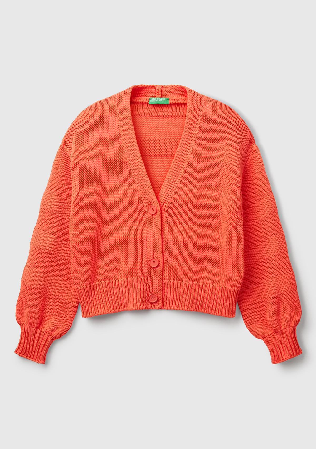  Kadın Turuncu %100 Pamuk Şerit Efektli Düşük Omuzlu Örme Relax Fit Hırka