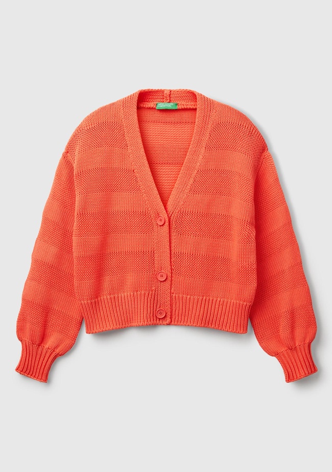  Kadın Turuncu %100 Pamuk Şerit Efektli Düşük Omuzlu Örme Relax Fit Hırka