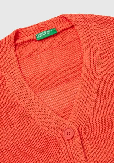  Kadın Turuncu %100 Pamuk Şerit Efektli Düşük Omuzlu Örme Relax Fit Hırka