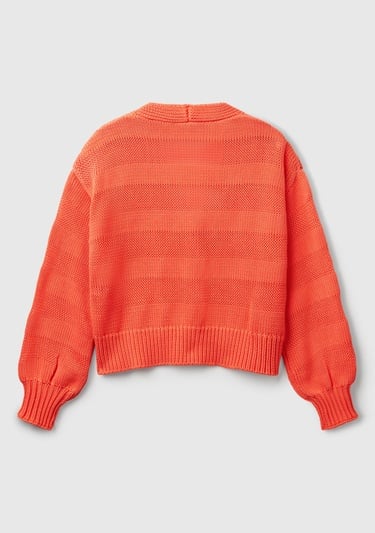  Kadın Turuncu %100 Pamuk Şerit Efektli Düşük Omuzlu Örme Relax Fit Hırka