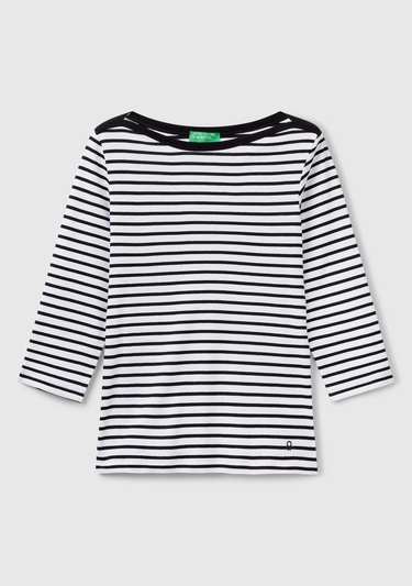  Kadın Beyaz %100 Pamuk Çizgili Logolu Kayık Yaka Truvakar Kol T-Shirt