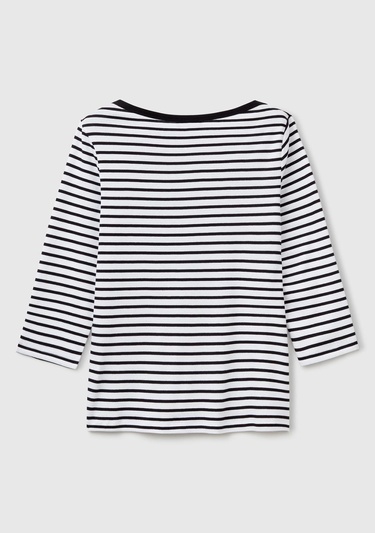  Kadın Beyaz %100 Pamuk Çizgili Logolu Kayık Yaka Truvakar Kol T-Shirt