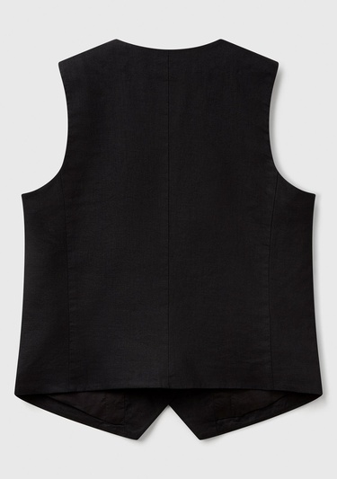  Kadın Siyah %100 Keten Önü Düğme İliklemeli V Yaka Yelek