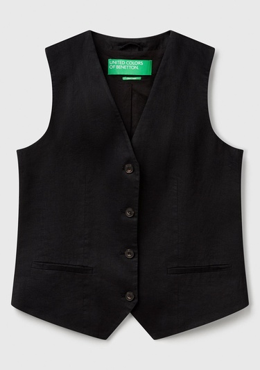  Kadın Siyah %100 Keten Önü Düğme İliklemeli V Yaka Yelek