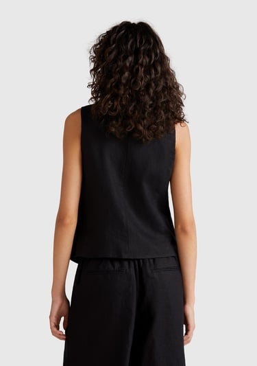  Kadın Siyah %100 Keten Önü Düğme İliklemeli V Yaka Yelek