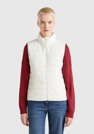  Kadın Krem Polyester Dolgulu Fermuarlı Slim Fit Pufa Yelek