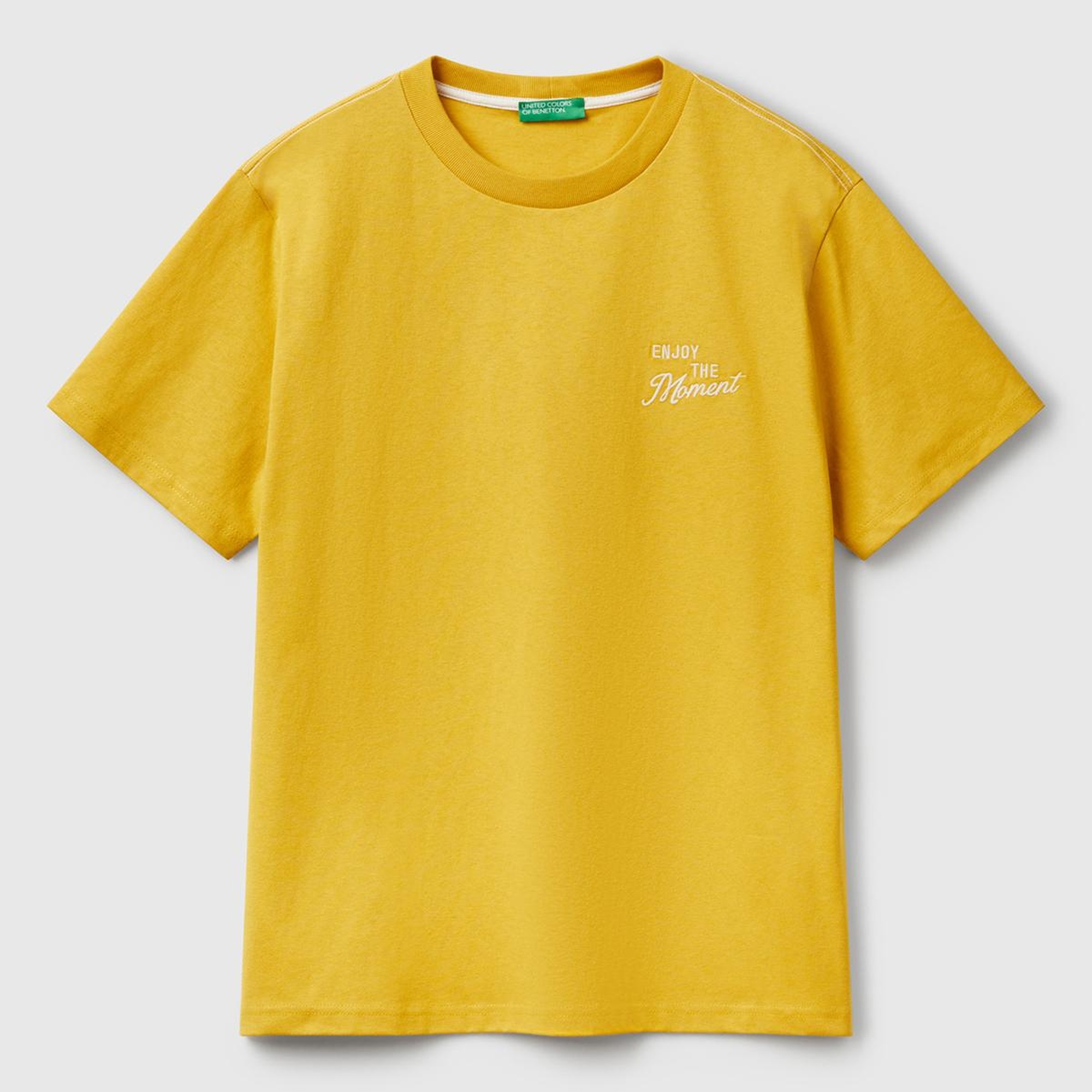 Erkek Sarı %100 Pamuk Sol Önü Baskılı Relax Fit Bisiklet Yaka T-Shirt