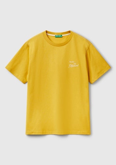  Erkek Sarı %100 Pamuk Sol Önü Baskılı Relax Fit Bisiklet Yaka T-Shirt