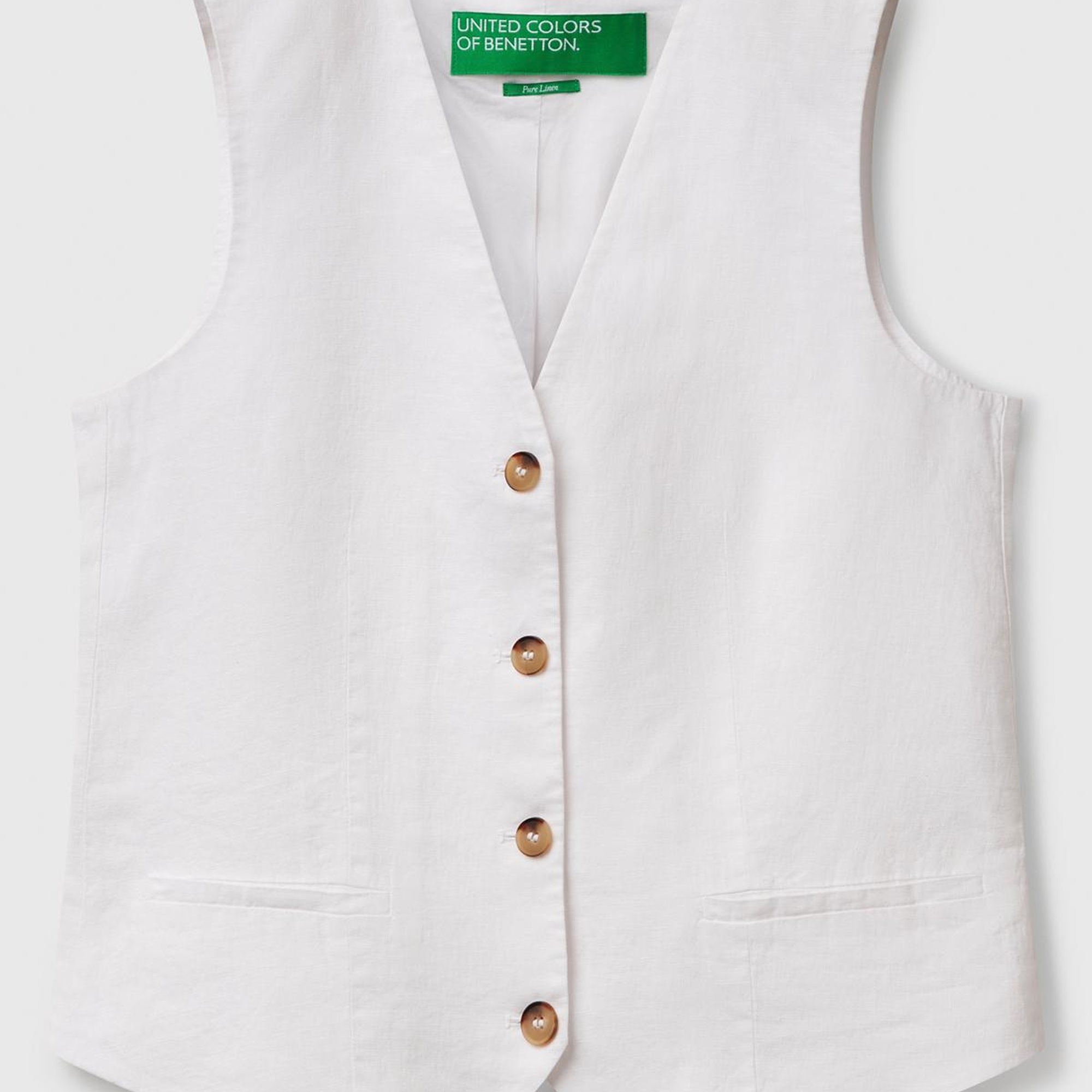 Kadın Beyaz %100 Keten Önü Düğme İliklemeli V Yaka Yelek