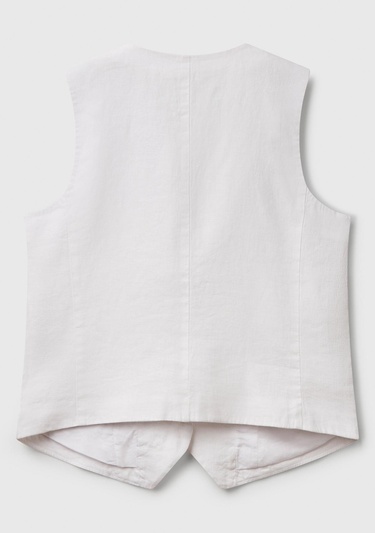  Kadın Beyaz %100 Keten Önü Düğme İliklemeli V Yaka Yelek