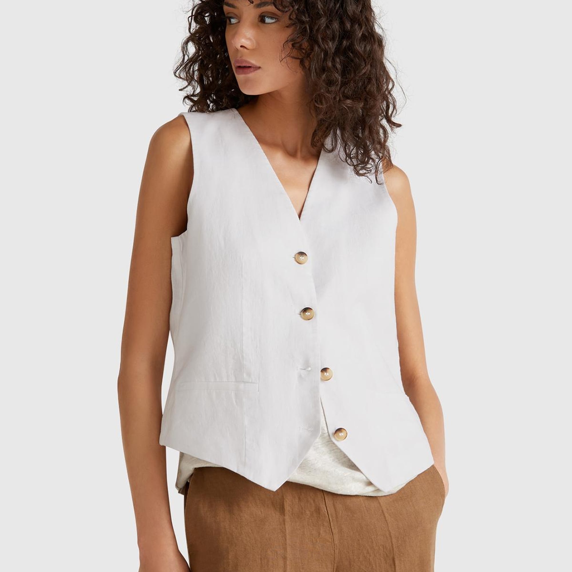 Kadın Beyaz %100 Keten Önü Düğme İliklemeli V Yaka Yelek