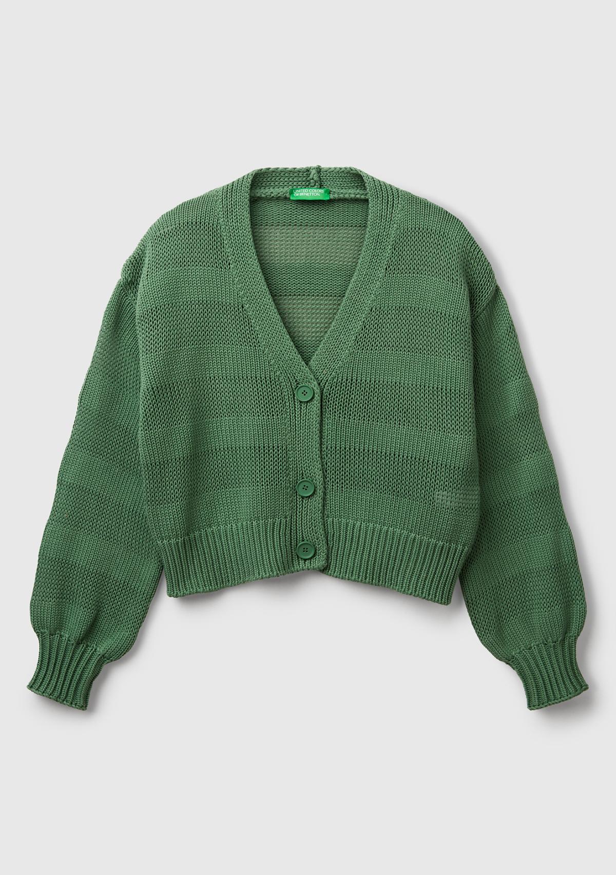  Kadın Açık Yeşil %100 Pamuk Şerit Efektli Düşük Omuzlu Örme Relax Fit Hırka