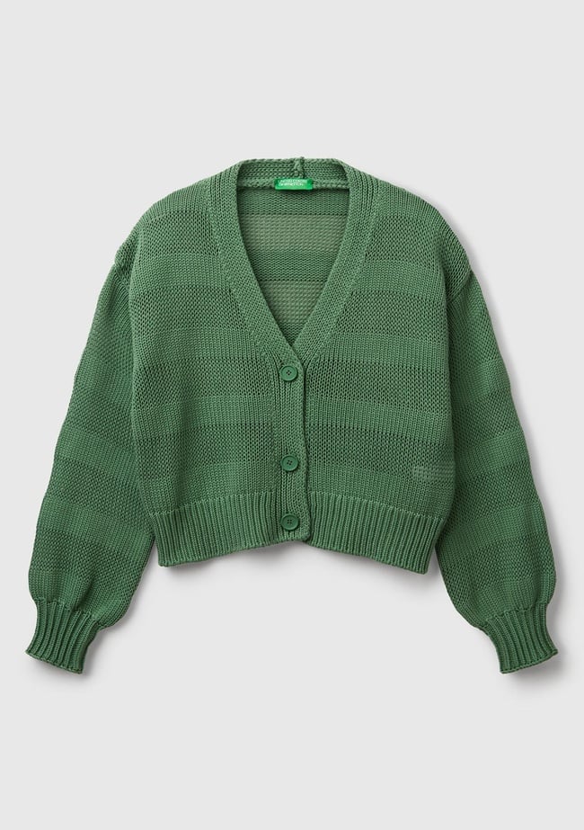  Kadın Açık Yeşil %100 Pamuk Şerit Efektli Düşük Omuzlu Örme Relax Fit Hırka