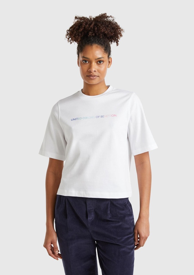  Kadın Beyaz Mix %100 Pamuk Logo Baskılı Düşük Omuzlu Örme Relax Fit T-Shirt