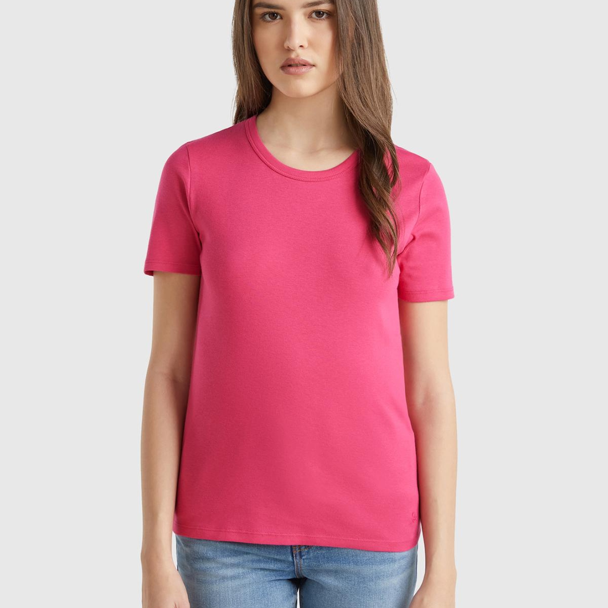 Kadın Fuşya %100 Koton Basic Kısa Kollu Bisiklet Yaka T-Shirt