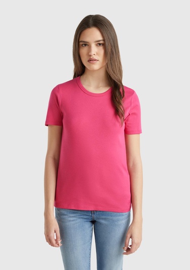  Kadın Fuşya %100 Koton Basic Kısa Kollu Bisiklet Yaka T-Shirt