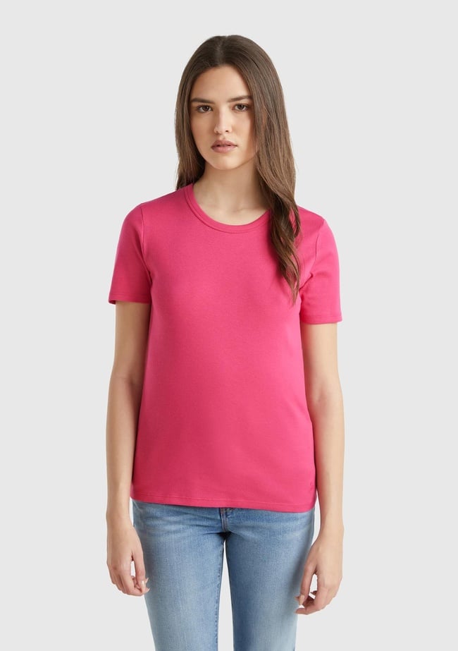  Kadın Fuşya %100 Koton Basic Kısa Kollu Bisiklet Yaka T-Shirt