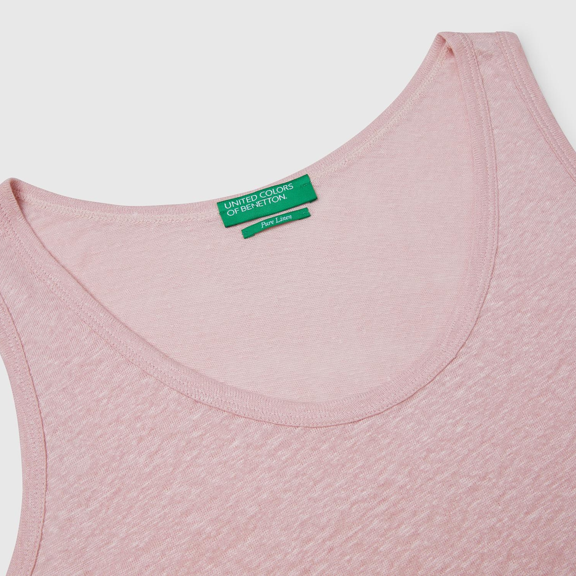 Kadın Pembe %100 Keten Yanları Yırtmaçlı Regular Fit Yuvarlak Yaka Atlet