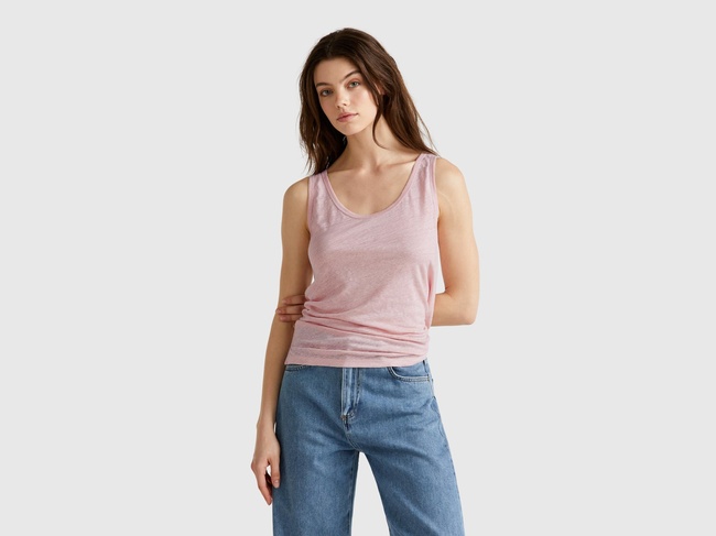  Kadın Pembe %100 Keten Yanları Yırtmaçlı Regular Fit Yuvarlak Yaka Atlet