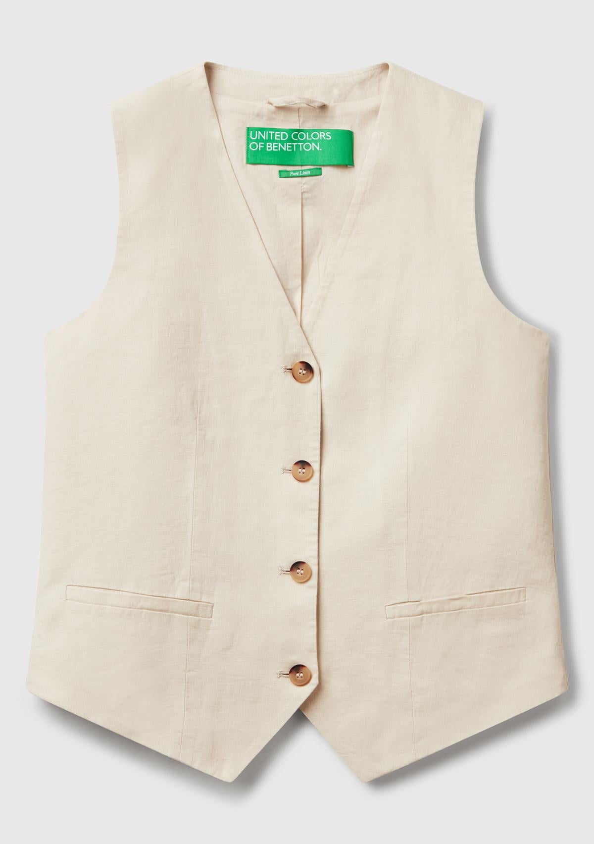  Kadın Taş Rengi %100 Keten Önü Düğme İliklemeli V Yaka Yelek