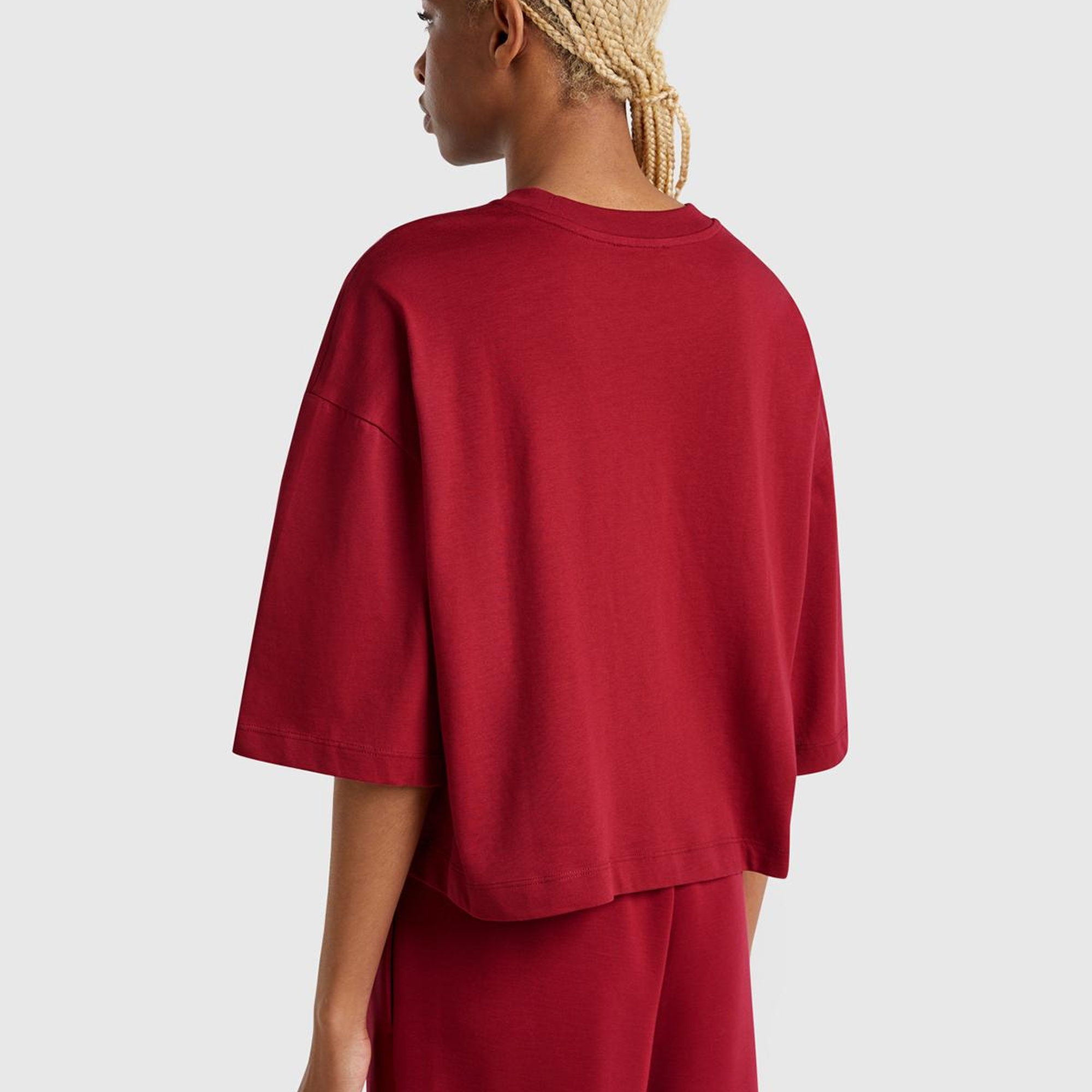 Kadın Bordo %100 Koton Çiçek Desenli Boxy Fit T-Shirt