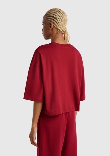  Kadın Bordo %100 Koton Çiçek Desenli Boxy Fit T-Shirt