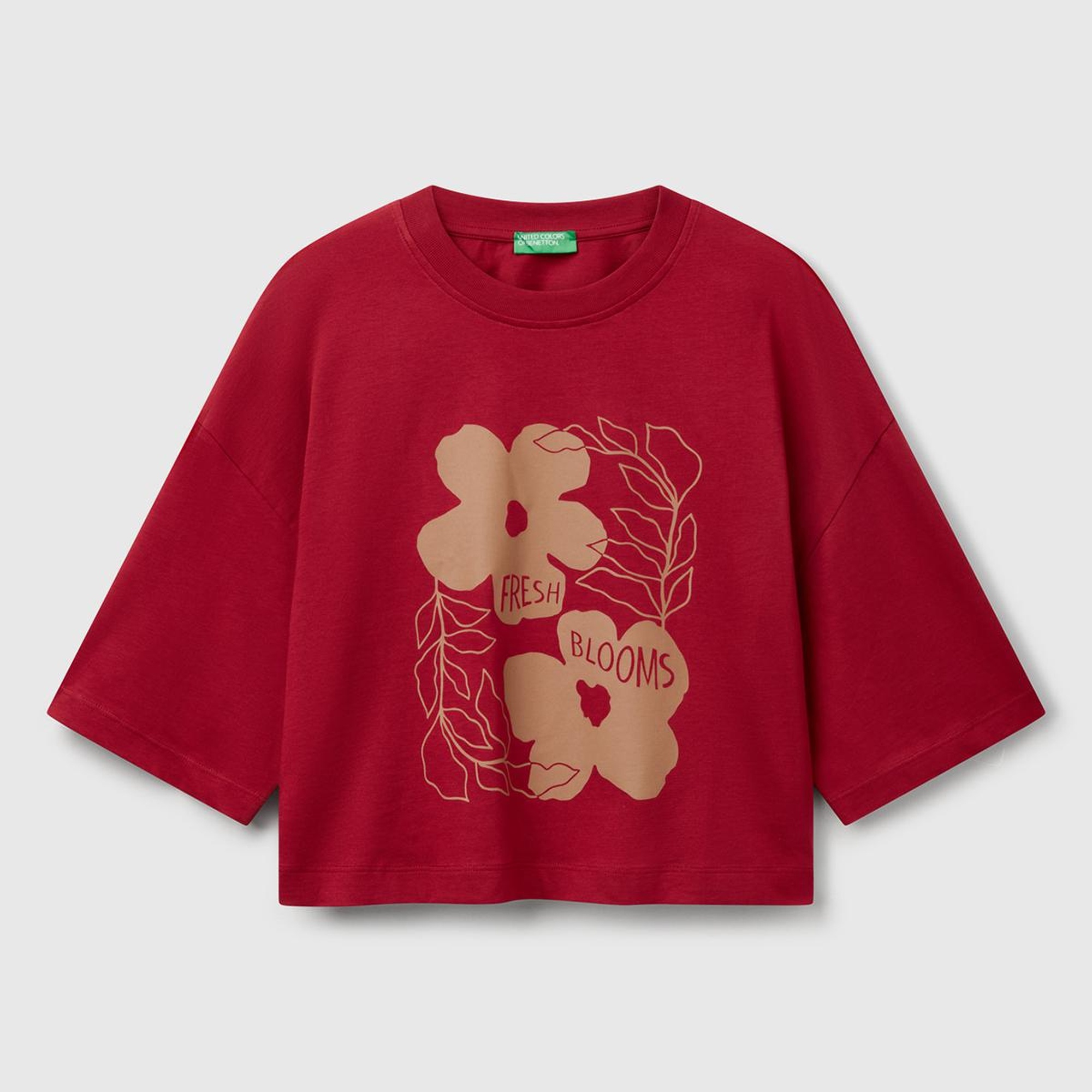 Kadın Bordo %100 Koton Çiçek Desenli Boxy Fit T-Shirt