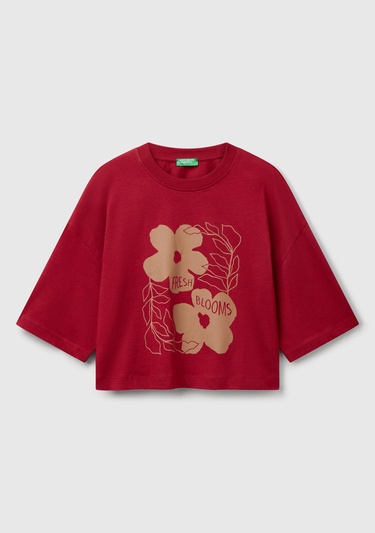 Kadın Bordo %100 Koton Çiçek Desenli Boxy Fit T-Shirt