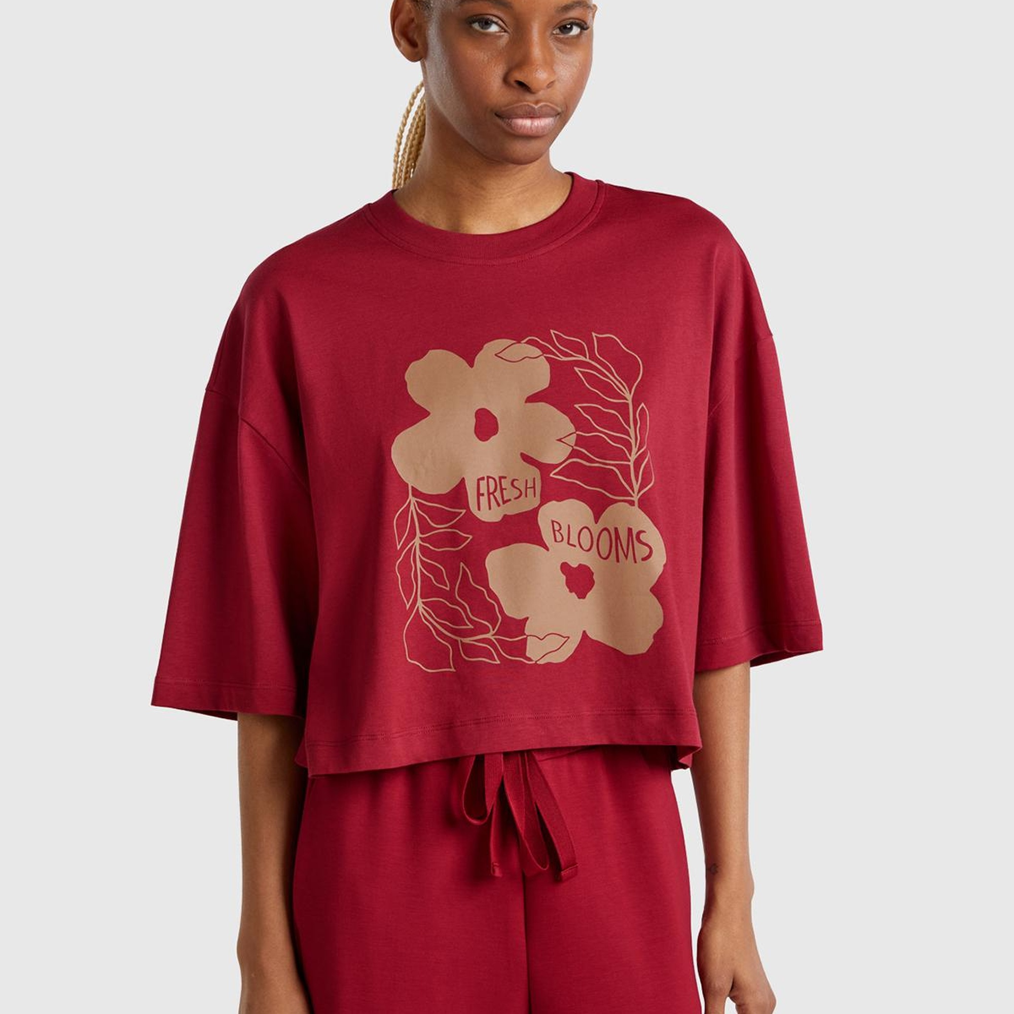 Kadın Bordo %100 Koton Çiçek Desenli Boxy Fit T-Shirt