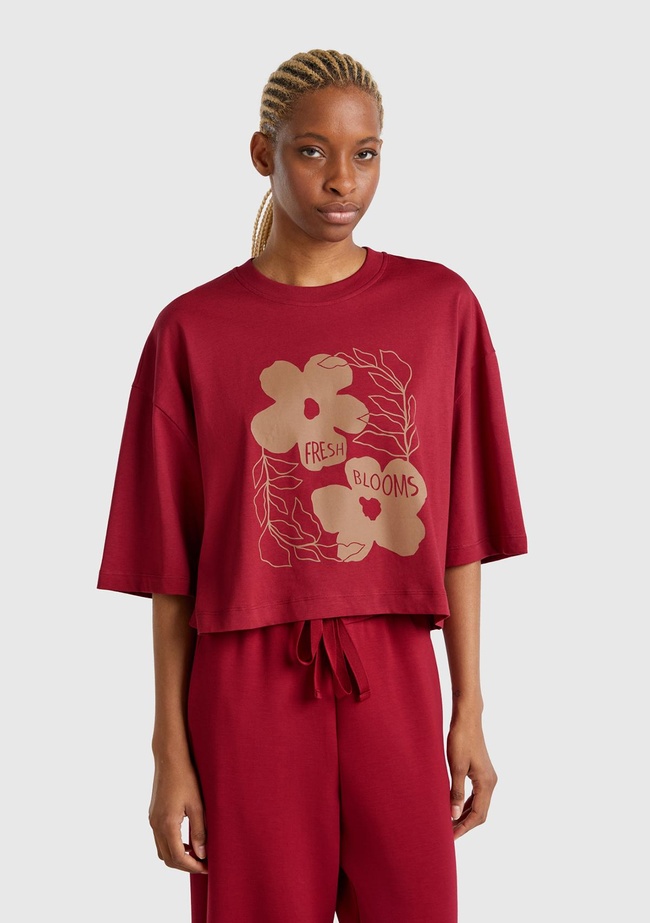  Kadın Bordo %100 Koton Çiçek Desenli Boxy Fit T-Shirt