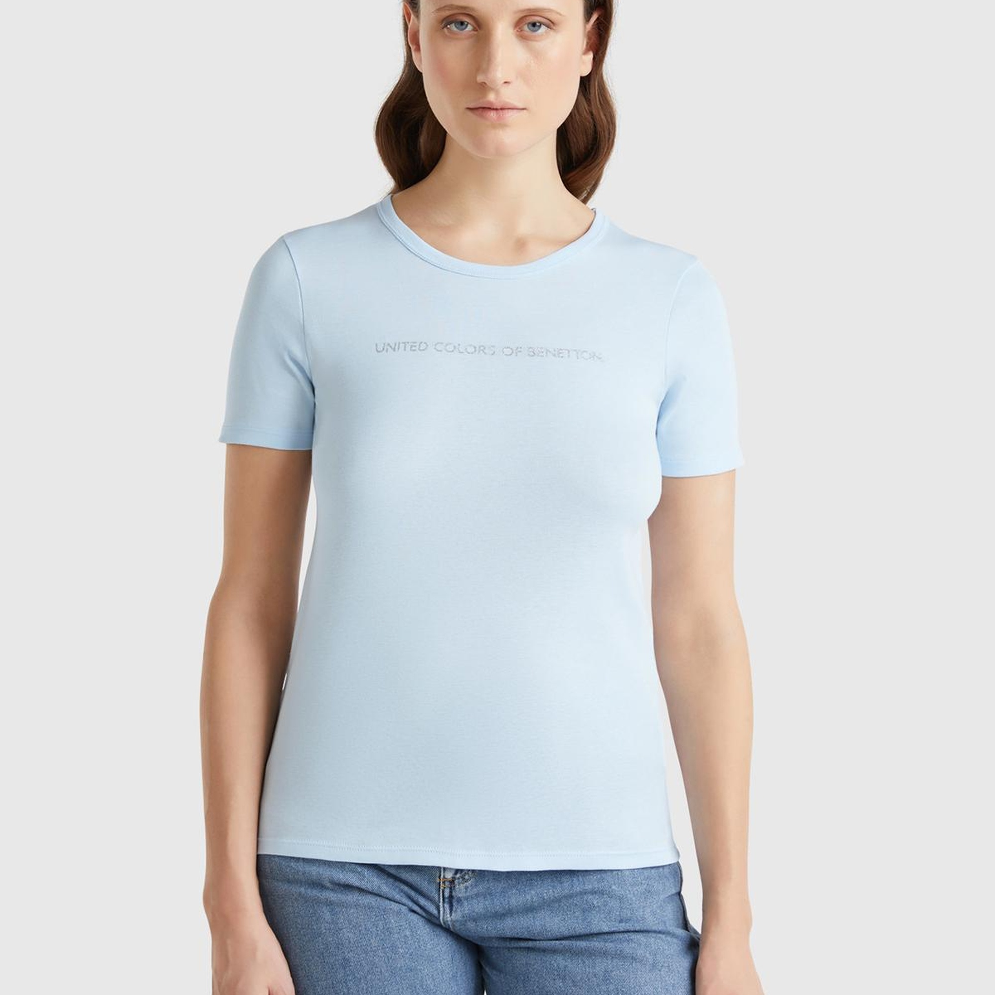 Kadın Açık Mavi %100 Koton Benetton Yazılı Basic T-Shirt