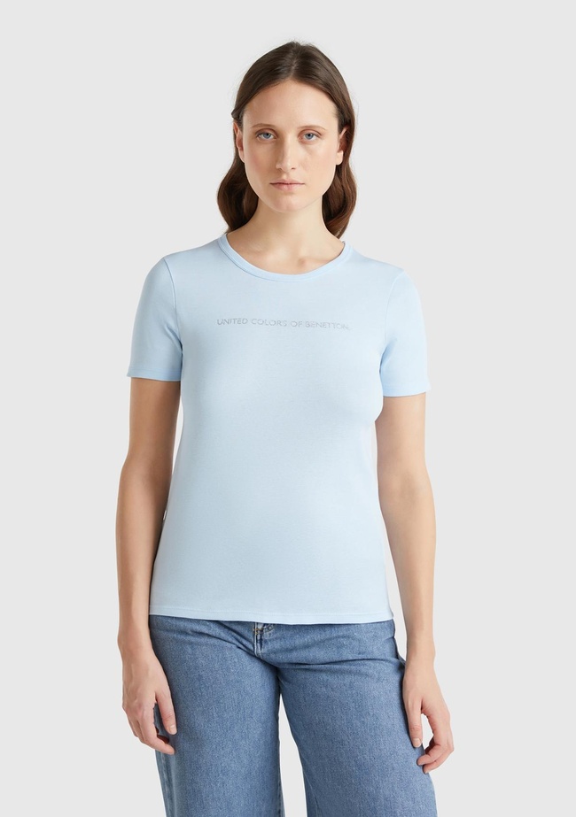  Kadın Açık Mavi %100 Koton Benetton Yazılı Basic T-Shirt