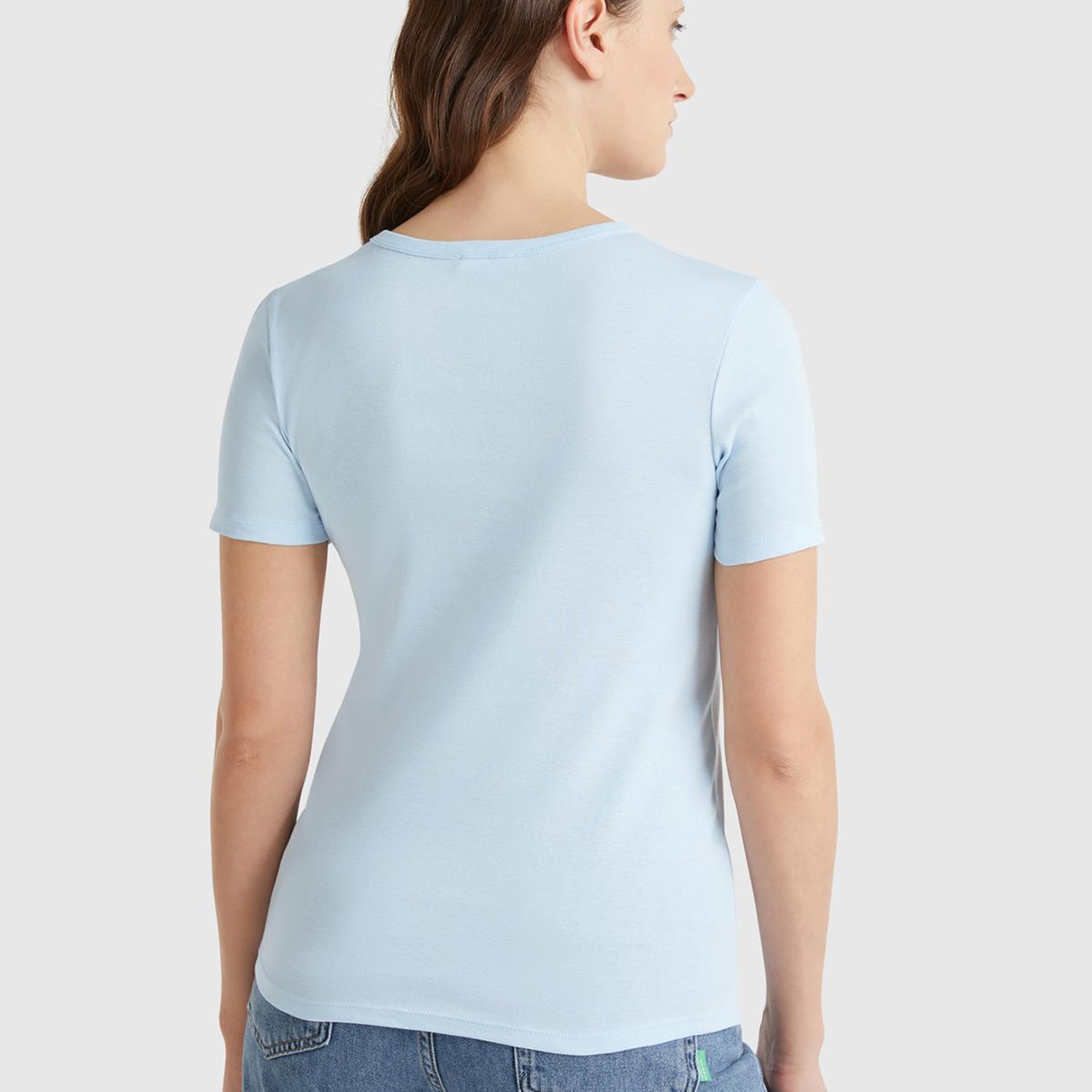 Kadın Açık Mavi %100 Koton Benetton Yazılı Basic T-Shirt