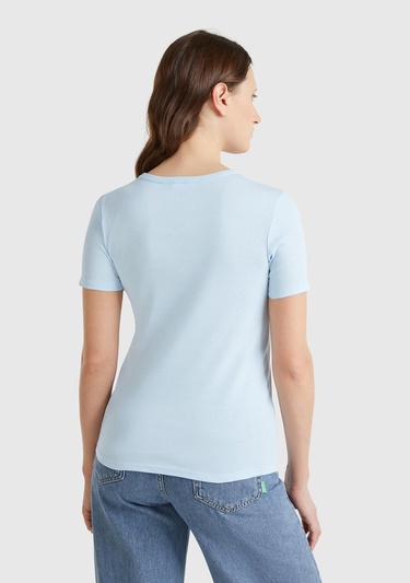  Kadın Açık Mavi %100 Koton Benetton Yazılı Basic T-Shirt