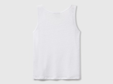  Kadın Beyaz %100 Keten Yanları Yırtmaçlı Regular Fit Yuvarlak Yaka Atlet