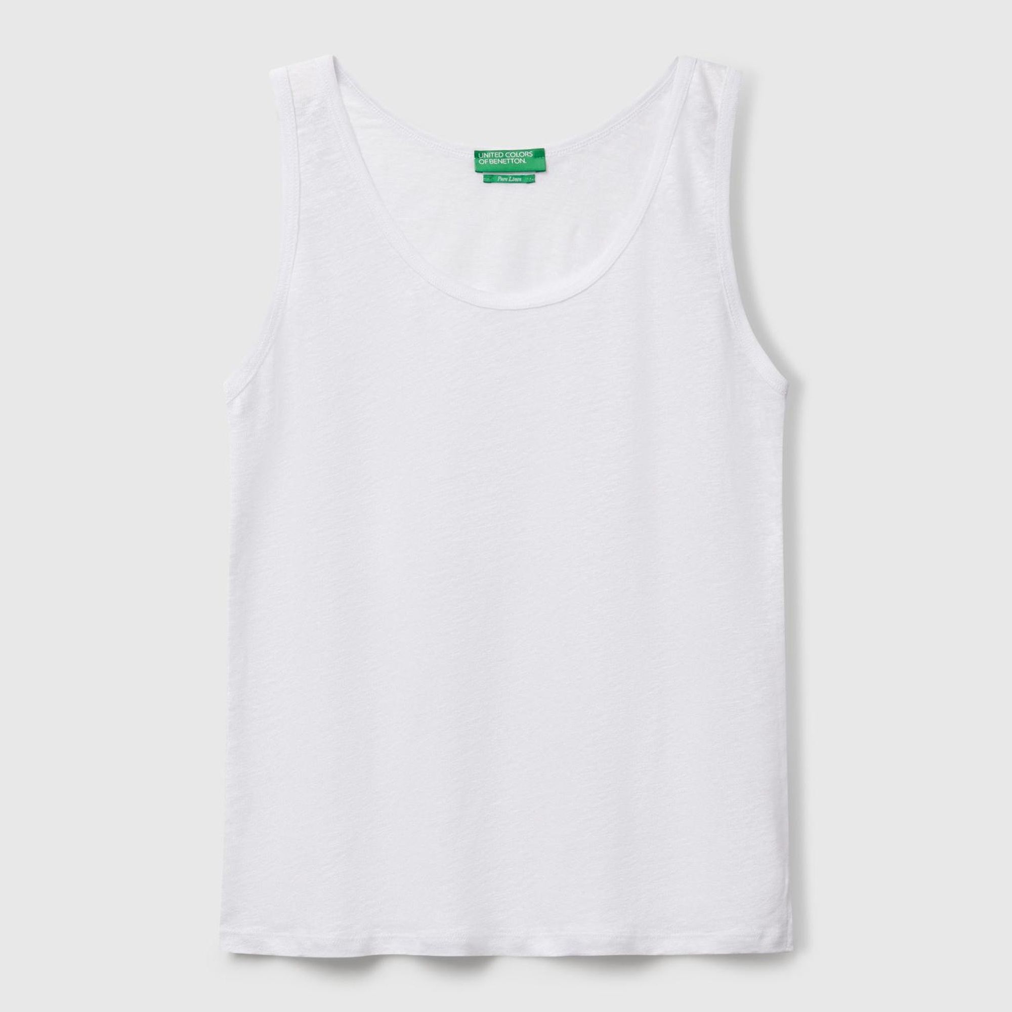 Kadın Beyaz %100 Keten Yanları Yırtmaçlı Regular Fit Yuvarlak Yaka Atlet