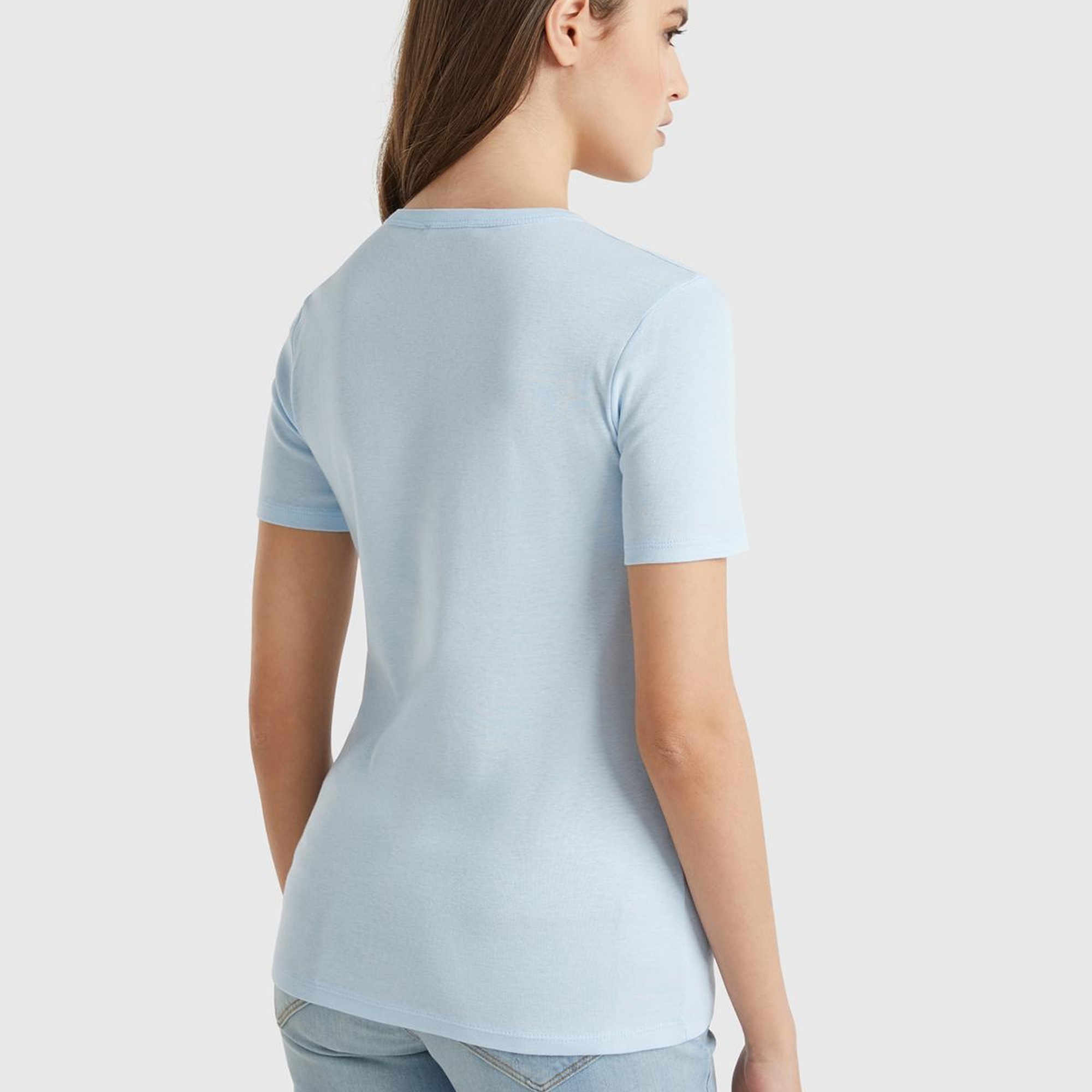 Kadın Açık Mavi %100 Koton Basic Kısa Kollu Bisiklet Yaka T-Shirt