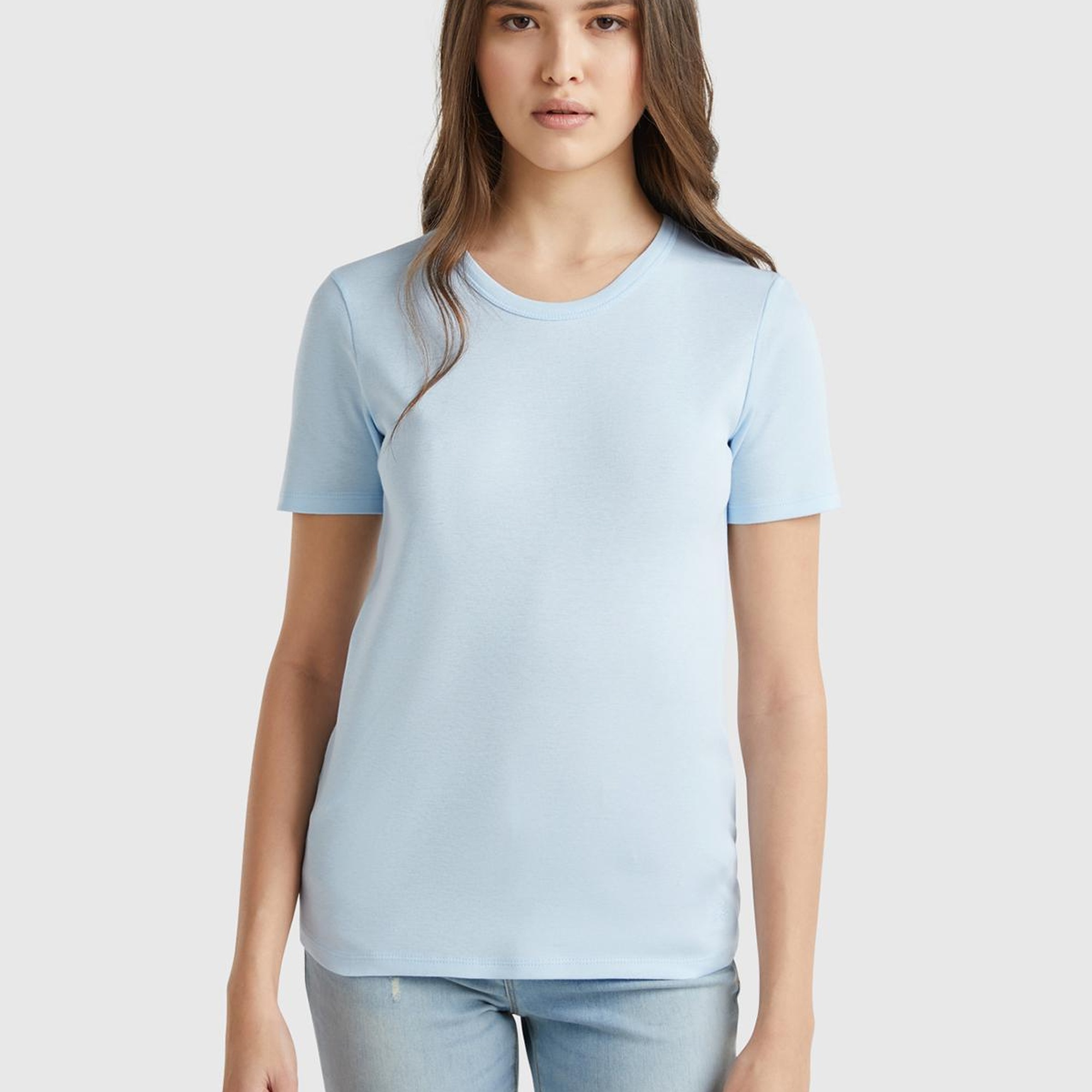 Kadın Açık Mavi %100 Koton Basic Kısa Kollu Bisiklet Yaka T-Shirt