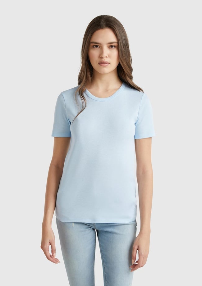  Kadın Açık Mavi %100 Koton Basic Kısa Kollu Bisiklet Yaka T-Shirt