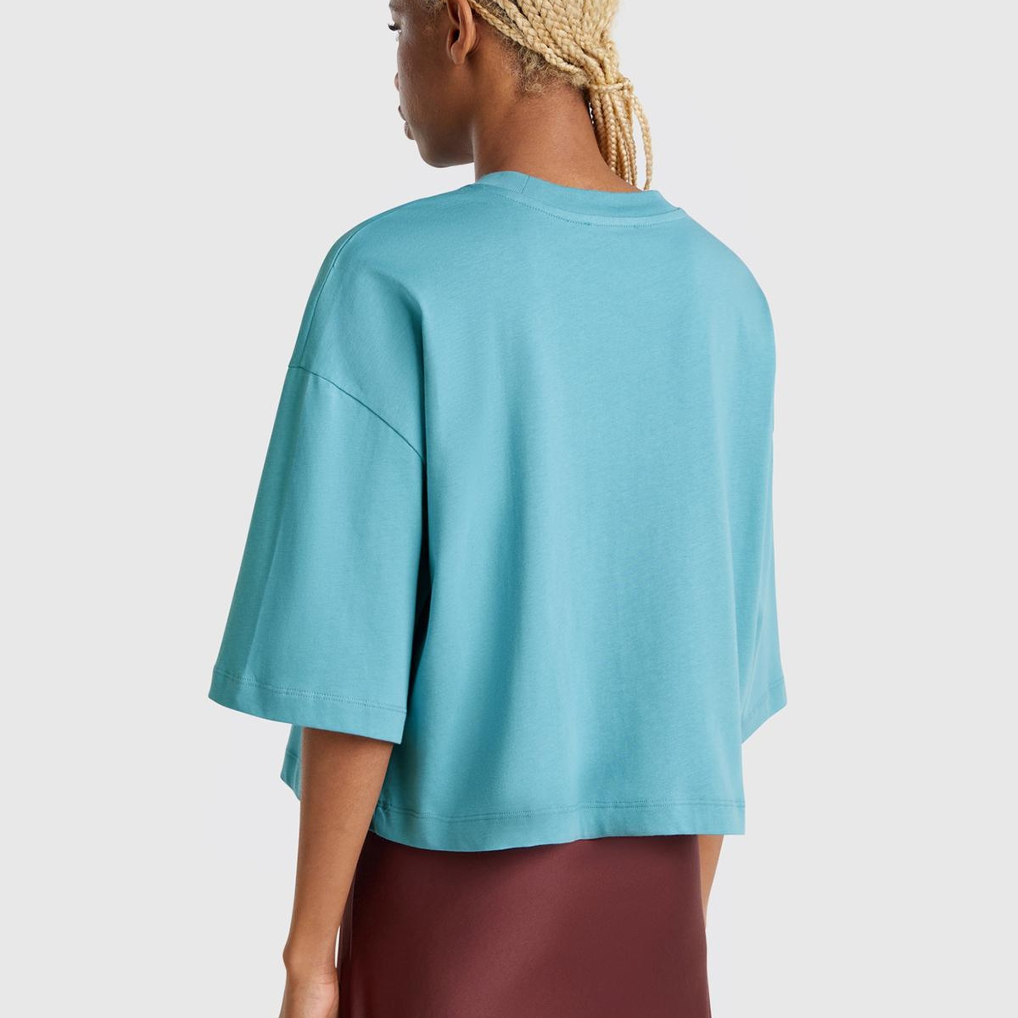 Kadın Mavi %100 Koton Çiçek Desenli Boxy Fit T-Shirt