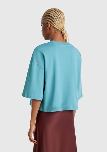  Kadın Mavi %100 Koton Çiçek Desenli Boxy Fit T-Shirt