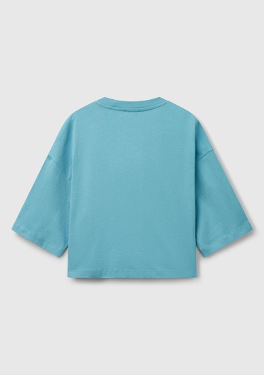  Kadın Mavi %100 Koton Çiçek Desenli Boxy Fit T-Shirt