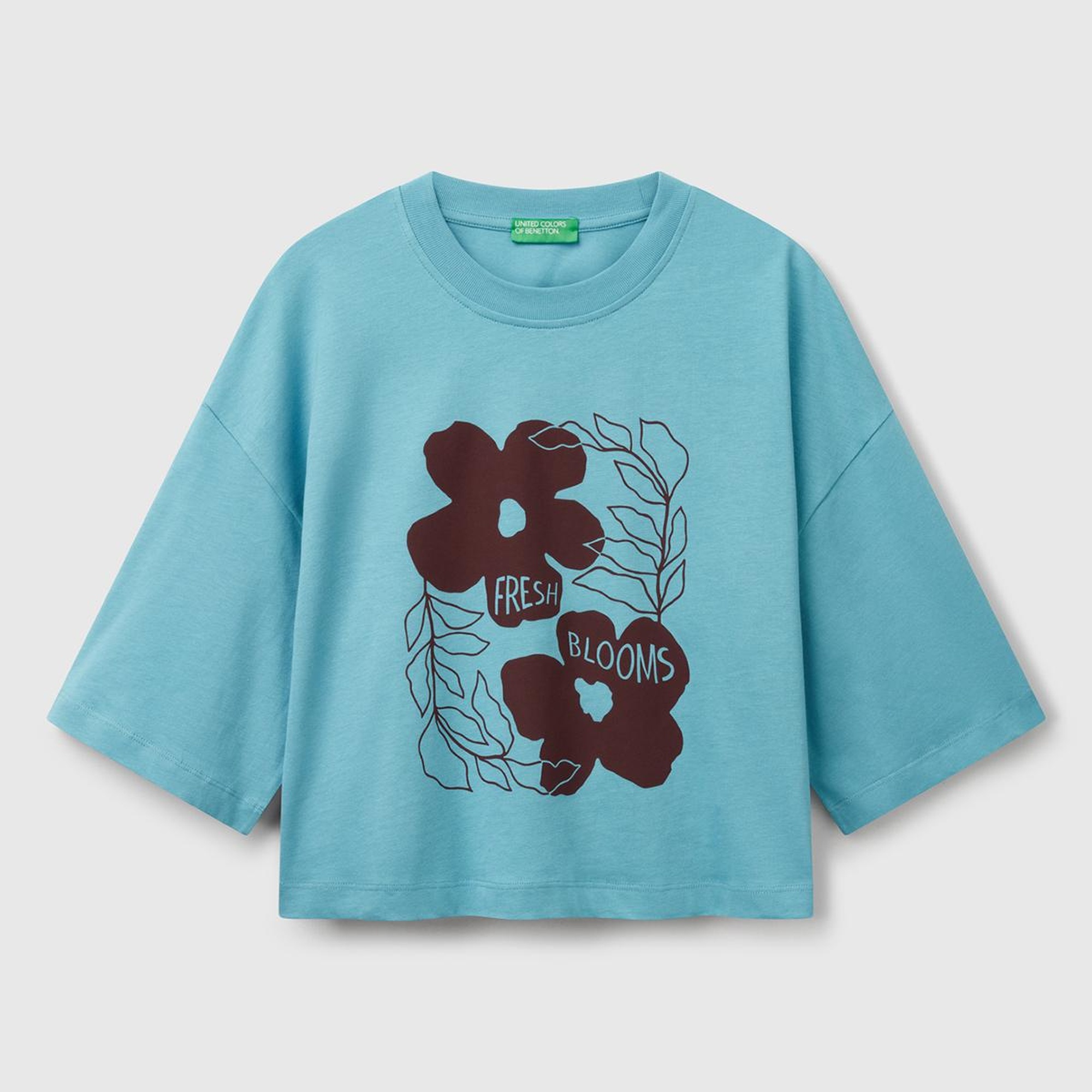 Kadın Mavi %100 Koton Çiçek Desenli Boxy Fit T-Shirt