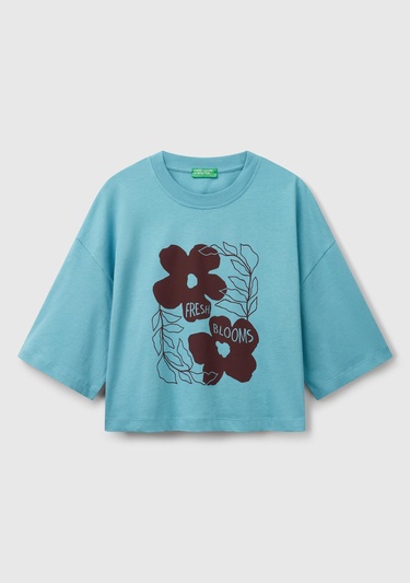  Kadın Mavi %100 Koton Çiçek Desenli Boxy Fit T-Shirt